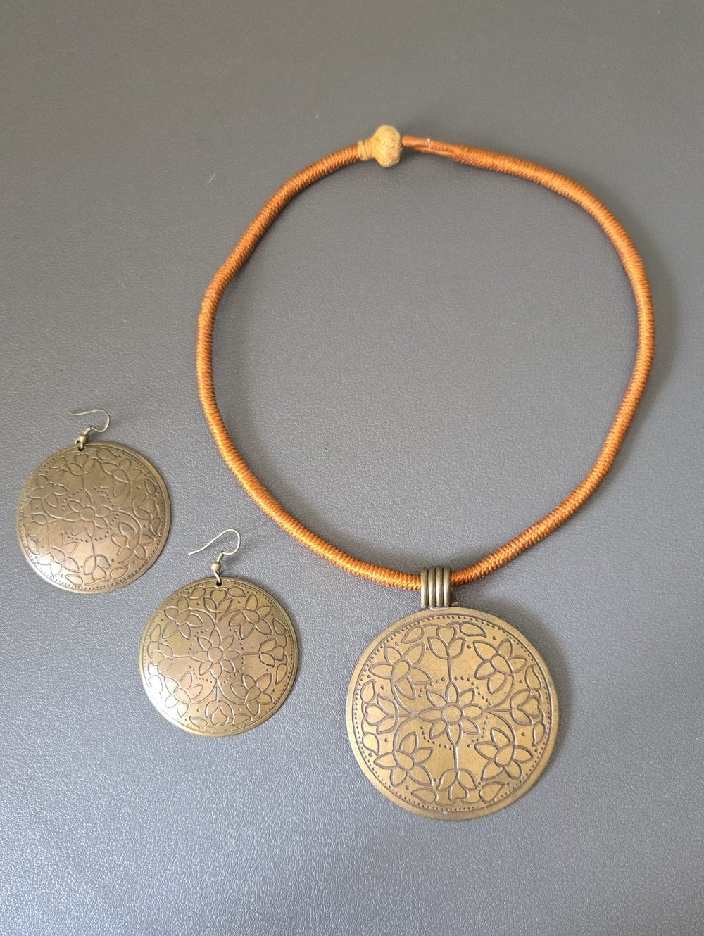Bohemian Bronze Floral Medallion Necklace & Earrings Set